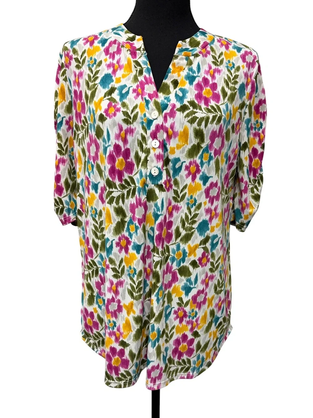 White Birch Floral Boho Tunic Top Medium Pink Teal Mustard Relaxed Fit